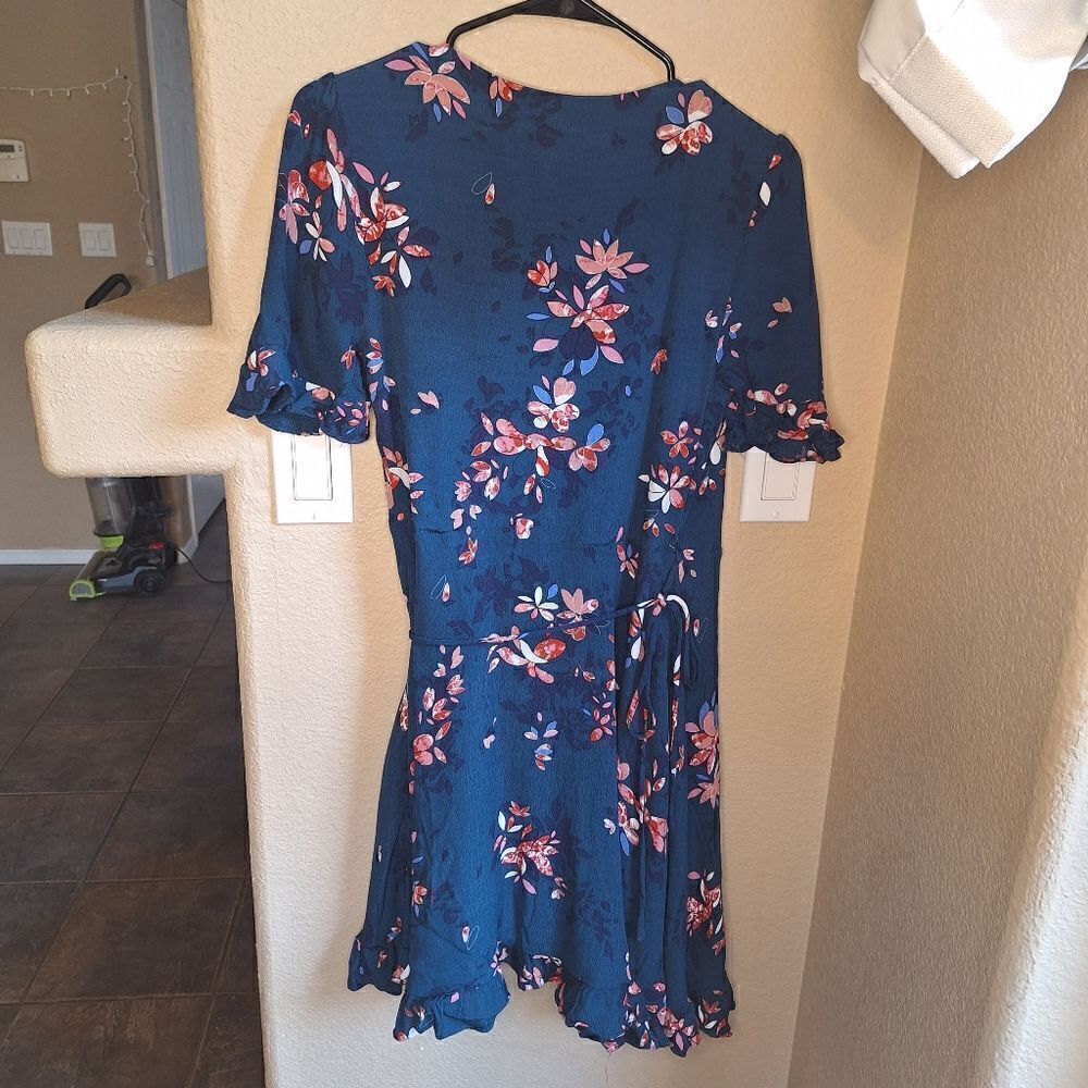 Lulus Dalton Teal Blue Floral Print Ruffled Wrap Dress small - Picture 2 of 8